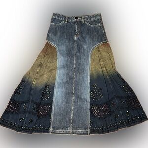 Vintage Eddie Bauer Boho Tie Dye Panel Y2K Bedazzled Crochet Hippie Jean Skirt 4